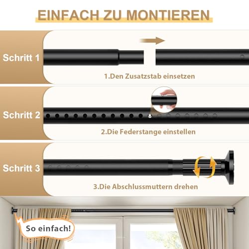 ZipGlo Gardinenstange ohne Bohren 128-327 CM Teleskopstange Vorhang Vorhangstange Ohne Bohren Extra Länge Duschstange ohne Kleiderstange Ausziehbar für Schlafzimmer Duschraum Große Fenster Schwarz