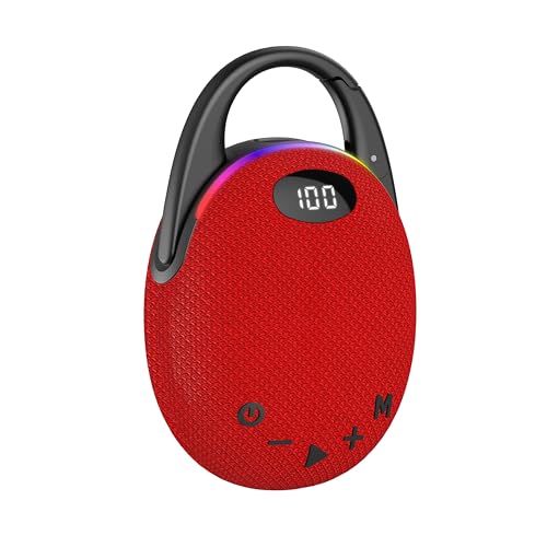 Tragbare Bluetooth Lautsprecher mit Licht,LED Anzeige, Integrierter Karabiner, Pro Sound Musikbox, Kraftvoller Bass,30 Std Akku, RGB Lichter, TWS Kopplung, AUX, TF Karte, Geeignet Outdoor/Party, Rot