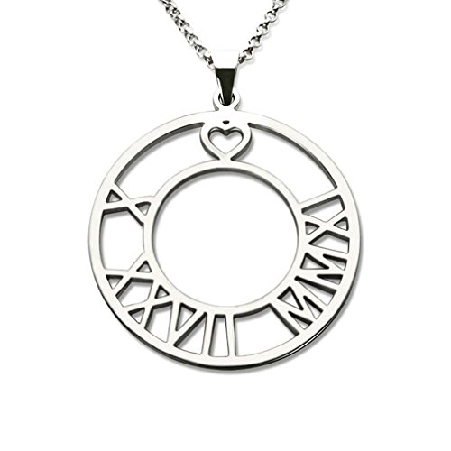 MissNity Personalized Circle Roman Numeral Necklace Custom Date Pendant with Heart White Gold Plated 925 Sterling Silver (Silver)