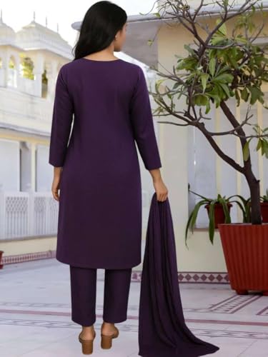 Image of Women's Purple Embroidered Cotton Kurti with Palazzo and Dupatta Set, Ethnic Indian Wear, Floral Design