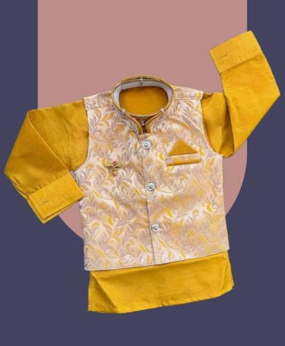 Image of Little Kids Ethnic Wear Kurta Pyjama and Waistcoat Set For Boys | Stylish Ethnic Wear | 3-piece set | Silk and Cotton Blend Fabric