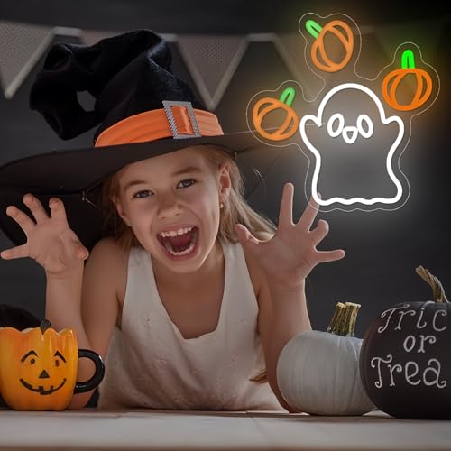 Image of Ghost Neon Sign Halloween Neon Sign with Animated Pumpkin Throwing Effect Lighted Display,Dimmable Pumpkin LED Neon Light halloween Door Porch Wall Decor