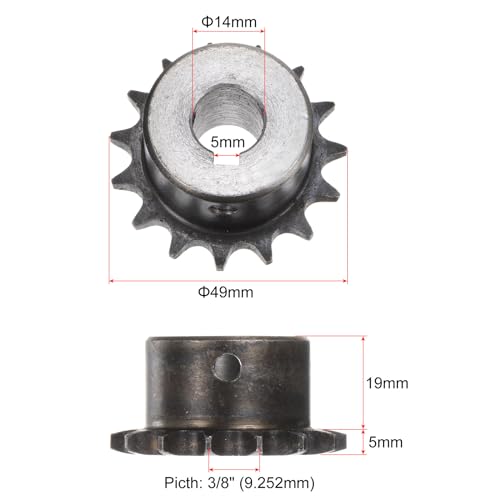 QUARKZMAN 2 Stück ISO/DIN 06B-1 Rollenkettenrad B-Typ 14mm Bohrung, 3/8 Teilung, A3-Stahl Einzelstrang Rollenkettenrad gehärtet 15 Zähne