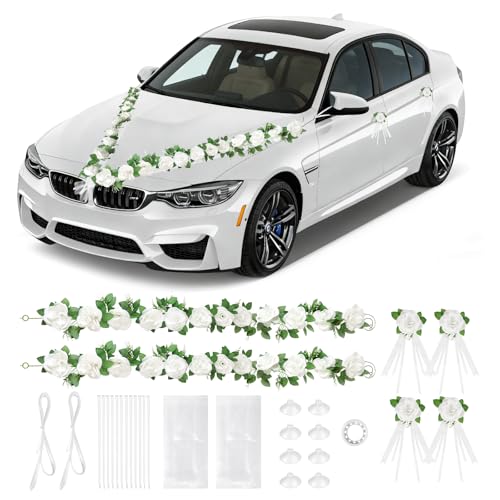 SUPAWAY Décoration de Voiture en Fleurs de Rotin Blanc, Kit de Guirlande pour Mariage avec 24 Fleurs (2x 2,05m), 2 Fleurs pour Rétroviseurs, 2 Bandes de...