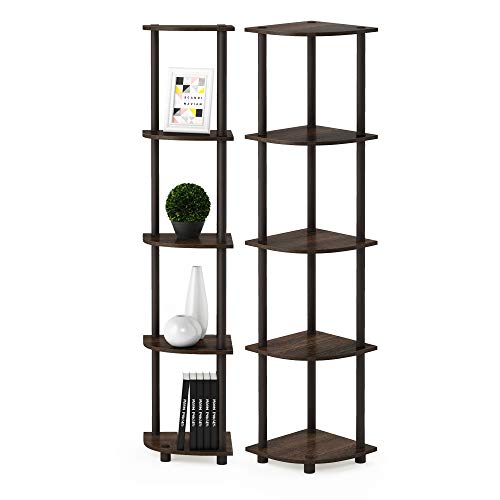 Image of Furinno TURN-N-TUBE Corner Shelf Set of 2, 5-Tier Corner Bookshelf, Open Storage Shelves, for Organization and Storage, Living Room, Home Office, Garage, Walnut