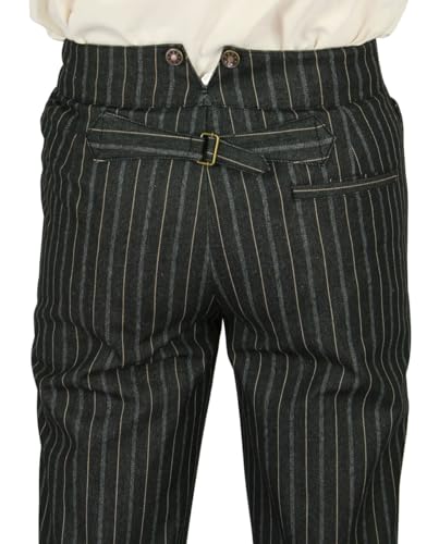 Historical Emporium Men's High Waist Preston Striped Cotton Blend Trousers, Victorian Western Pants with Suspender Buttons4