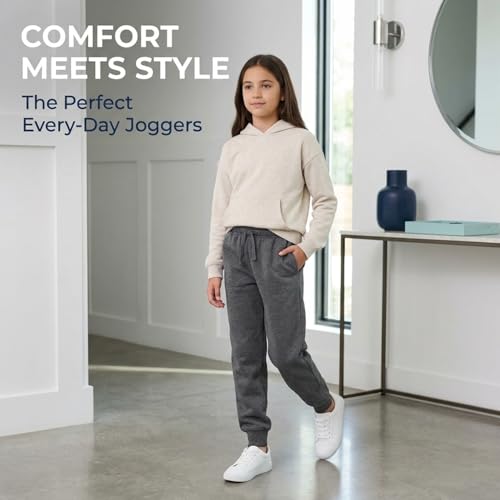 Image of EVERYDAY KIDS Girls' Cotton Fleece Sweatpants; Girls' Activewear Jogger Pants - Soft and Breathable Cotton /Poly Blend
