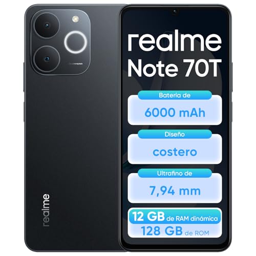realme Note 70T, 4+128GB Smartphone, Pantalla HD de 6,75'' y 90Hz, Batería de Gran Capacidad de 6000mAh, Protección ArmorShell, Chipset T7250 de Ocho Núcleos, NEXT AI,IP54,Negro Obsidiana,Sin Cargador