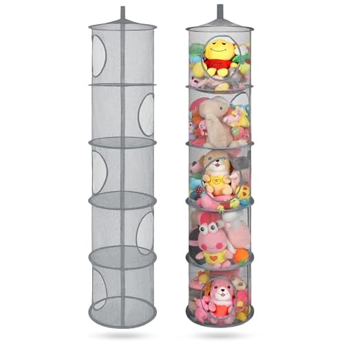 2Pcs Hanging Mesh Space Saver Bags Organizer, Foldable Storage Organizer 5 Compartments Toy Storage Organizer for Kid Room Toys, Gloves,Hats,Socks Storage #Grey