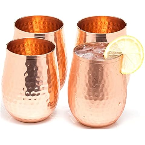 Kupfer Weingläser Set von 4 x 500 ml - Klauenhammer, glänzenden 100% massives Kupfer gehämmert Wein Weingläser ohne Stiel Becher Cover