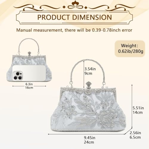 Image of 1920s Clutch Purses for Women, Embroidery Sequin Rhinestone Evening Bag | Top handle and removable shoulder chain, lightweight sequin floral design. Ideal for weddings, galas and formal events