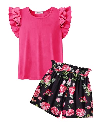 Arshiner Conjuntos Manga Corta para Niñas Camiseta Rosa Roja Cuello Redondo Pantalones Cortos Trajes Niños Conjunto Verano Traje Ocio Moda Ropa Algodón 2 Piezas con Bolsillo 9-10 Años