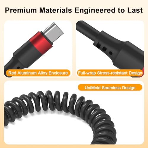 Coiled USB C à USB C Câble, 2 Cord de jeu de voiture Tepy C rétractable, enroulé USBC Câble automatique Android pour Galaxy S24/S23/S22, iPhone 15/16, Pixel 8, Une Plus 12, Moto G8 et CarPlay