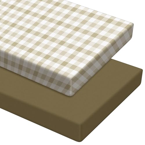 Image of Mindsoft 2 Pcs Gingham Khaki Crib Sheet Set 52 x 28 x 8 Inches Baby Sheet Newborn Bedding Nursery Crib Sheets for Girl Boys Baby Gifts for Toddler Mattresses