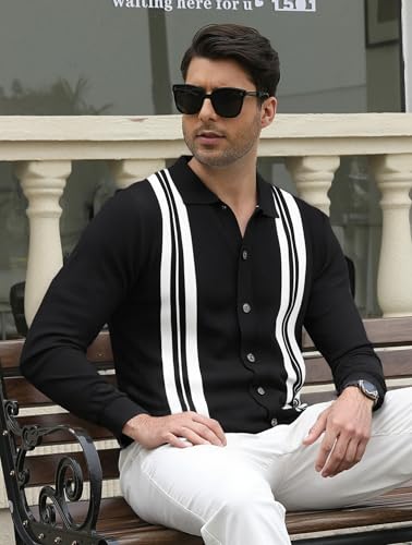 Esabel.C Men‘s Knit Button Down Shirts Long Sleeve Stripe Sweater Casual Ribbed Fashion Polo Shirts for Men2
