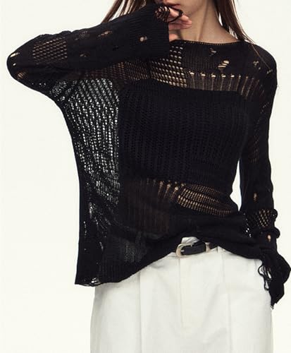 Image of Goth Y2K Striped Sweater Grunge Ripped Punk Gothic Sweaters for Women