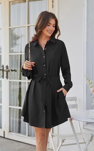Image of ECOWISH Womens Button Shirt Dress with Pockets Fall Summer Short Mini Dresses Long Sleeve 3 /4 Sleeve Long Tunics Blouse Belt
