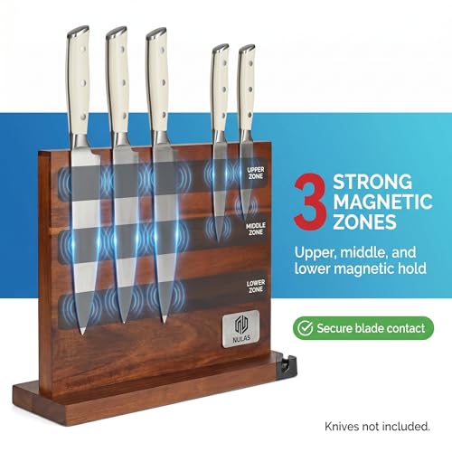 Image of Magnetic Knife Block with Built-in Sharpener, Double-Sided Countertop Magnetic Knife Holder, Holds Up to 12 Knives & Metal Kitchen Tools, Brown