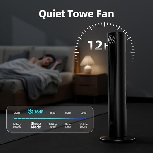 Image of Antarctic Star Tower Fan Portable Floor Fans 85Oscillating Fan Quiet Cooling 12H Timer Remote Control Standing Bladeless Electric 3 Wind Speeds 4 Modes Bedroom Office,36 inch, Black