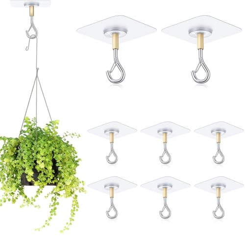 TIESOME 8 Stück Deckenhaken Selbstklebend mit Sicherung, Edelstahl Klebehaken Decke Transparent Pvc Haken Selbstklebend Deckenhaken Ohne Bohren für Bad Küche Büro Schlafzimmer