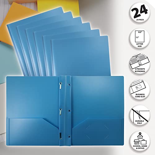 Image of Better Office Products Light Blue Plastic 2 Pocket Folders with Prongs, 48 Pack, Heavyweight, Letter Size Poly Folders with 3 Metal Prongs Fastener Clips, Light Blue