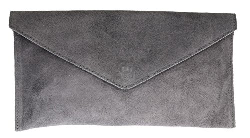 Image of Girly Handbags Womens Italian Suede Leather Envelope Clutch Bag Grey