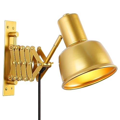 COSYLUX Industrial Plug in Wall Sconces for Bedroom Bedside, Vintage Extended Swing Arm Wall Lamp with Plug in Cord, Modern Wall Mounted Reading Lighting Fixture for Living Room, Gold