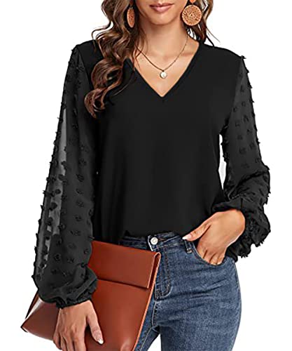 GRMLRPT Blusas de Mujer Elegantes Mangas Acampanadas Camiseta de Manga Larga Mujer Top de Gasa Elegante Cuello V Ligero Camiseta(Negro,S) Cover