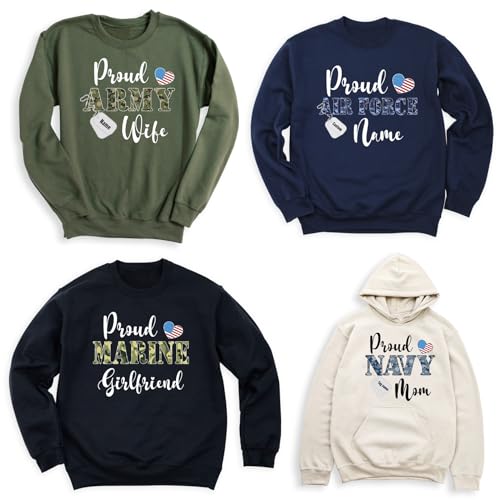 Custom Military Army Sweatshirt Hoodie, Proud Army Family, Marine, Navy, Air Force Apparel with Dog Tag Name, Personalized Gifts for Mom, Dad, Sister, Unisex Adult, Pack of 13