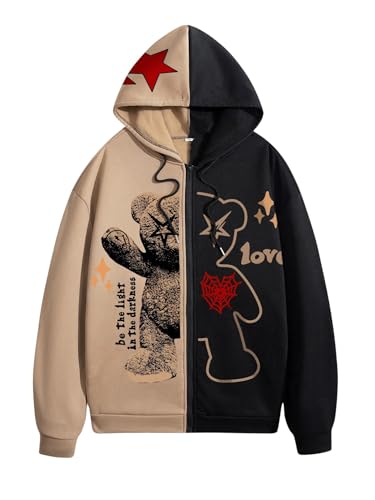 GORGLITTER Men's Zip Up Hoodies Y2k Graphic Sweatshirt Hooded Long Sleeve Colorblock Western Streetwear Drip Outfits 2025
