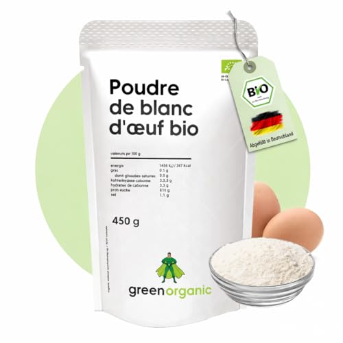 Poudre de blanc d’œuf bio, 450 g – protéine pure issue d’œufs bio, sans sucre, pour la cuisine & la pâtisserie | GreenOrganic