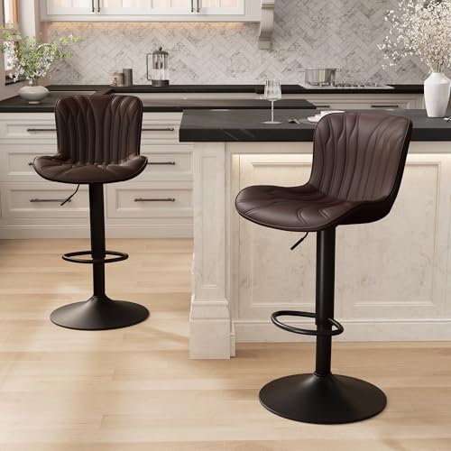 Image of Bar Stools Set of 2 Modern Kitchen Counter Chairs Swivel Barstools Brown | Faux leather upholstered island chairs with backs & metal base. Adjustable Height, easy to clean & load 300 lbs