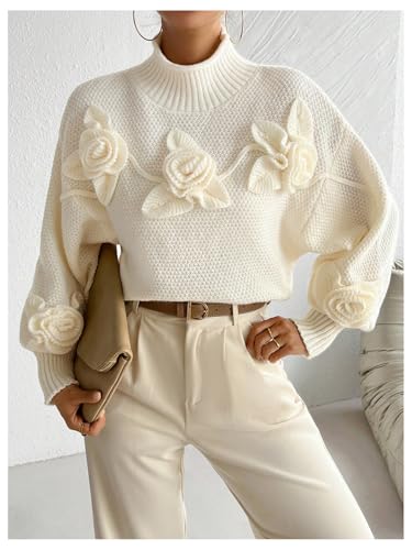 Image of MakeMeChic Women's 3D Flower Mock Neck Sweater Lantern Sleeve Drop Shoulder Pullover Top Apricot Medium