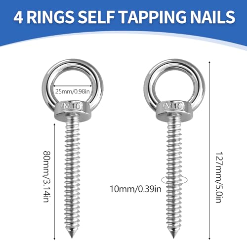 4 Stück Ringschraube M10 x 80mm, 304 Edelstahl Heavy Duty Ösenschraube Runde Außengewinde Ösenschrauben Robuste Augenschraube für Hängematten Markisen Schaukelstühle