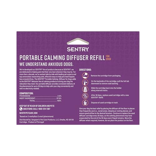 Image of Sentry Behavior Portable Calming Diffuser Refill for Dogs, Reduces Response to Normal Stress and Bad Behavior with Calming Phereomones, Easy-to-use Portable Design, 60 Day Release (Pack of 2)