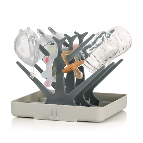 haakaa Portable Baby Bottle Drying Rack, Space Saving Bottle Drying Tree for Bottles/Pump Parts/Pacifiers and Other Baby Essentials, Easy-Store Dryer Rack Great for Home & Travel, BPA Free (Grey)
