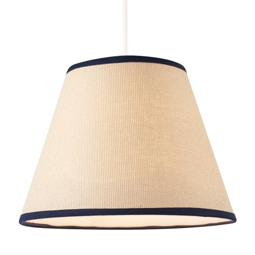 Traditional Rattan Tweed Lamp Shade with Navy Blue Cotton Fabric Trims | 25cm x 19cm | for Ceiling Pendant or Table Lamp Base by Happy Homewares - Image 3