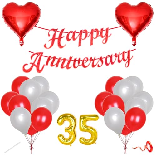 Image of Flyloons 35th Happy Anniversary Decoration Items Red White for Men Women Husband Wife Mom Dad Parent Couple Home Bedroom Car With 20 Pcs Metallic Balloons Anniversary Banner 2 Pcs Heart Set Kit