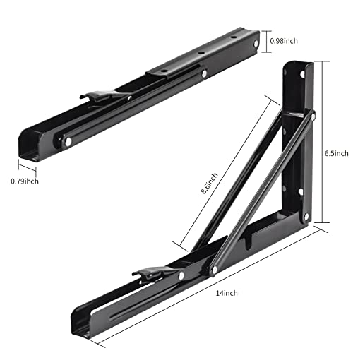 Image of YUMORE 14 Inch Folding Shelf Bracket, Heavy Duty L Bracket, Black, 2 Pack | 330 LB Load Capacity, Foldable Locking Design, Easy Release Lever, Easy Installation, Includes Hardware