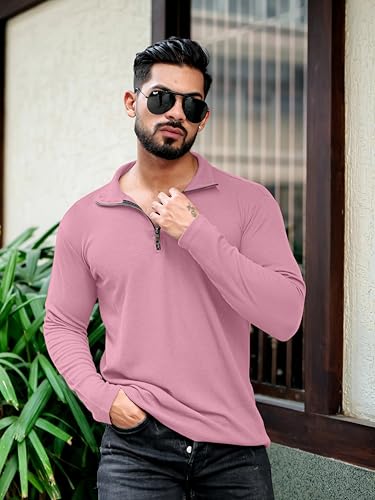 Image of KAJARU Men's Polyester Blend T Shirt with Spread Collar Neck Line Zipper Closure Full Sleeves Solid Pattern Regular Fit and Standard Length