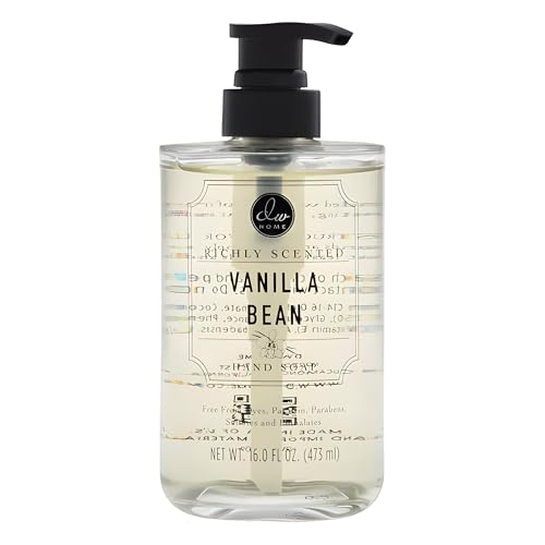 DW Home Vanilla Bean Liquid Hand Soap Sweet Vanilla & Buttercream Scent Refillable Glass Bottle Pump Gentle Hand Wash for Kitchen & Bathroom 16 Fl Oz