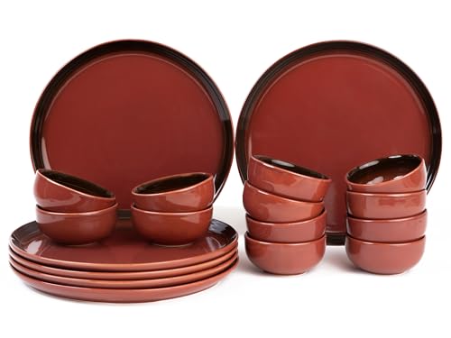Image of Bodhi House Handcrafted Chip Resistant Porcelain Dinner Set, 18 Pieces Dish Set Serving for 6, Microwave and Dishwasher Safe, Bone-ash Free, Crockery Set for Dining and Gifting, Deep Red