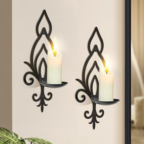Wall Candle Sconces Set of 2, Modern Minimalist Flower-Shaped Metal Wall Candle Holders, Ideal for Living Room Dining Room Decor for Pillar Candles (Black)