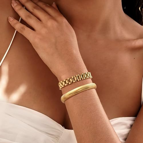 Stackable Gold Chunky Bracelets Set - 2pcs 18K Gold Plated Bracelet Non-tarnish,Stainless Steel Stretched Chain Friendship Bangles Trendy Jewelry,Wedding Party Christmas Birthday Gifts for Women2