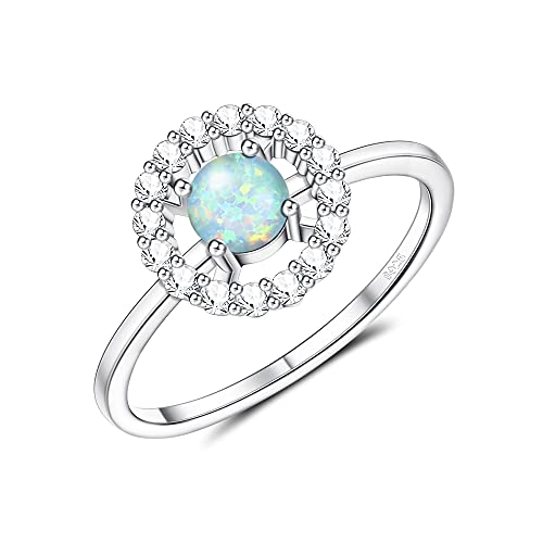 Created Opal Ring 925 Sterling Silver Ring for Women White Gold Plated Round Halo Set Opal Ring Oval 4 Prong Set Wedding Engagement Anniversary Ring Size 5-9