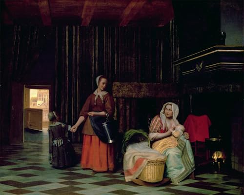 Imagen de lienzo mujer con bebé y criada de 60x90cm para pared