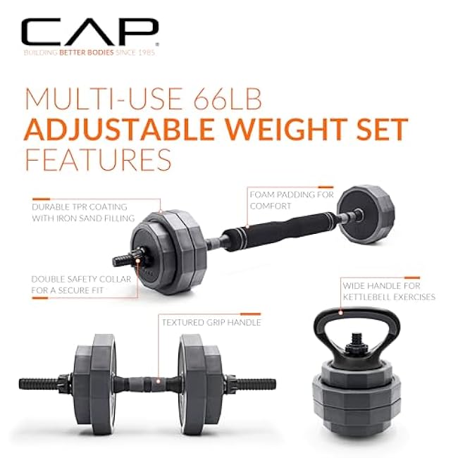 CAP Barbell 66 lb Multi-Use Adjustable Weight Set - Versatile Dumbbell, Barbell & Kettlebell for Full-Body Workouts | Gray