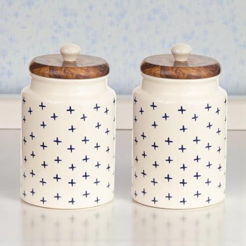Image of Airtight Ceramic Jars (Pack of 2) - 900ml Each - Wooden Lid - Kitchen Containers for Sugar, Tea, Salt, Pickles, Pulses & More (Blue Pus)