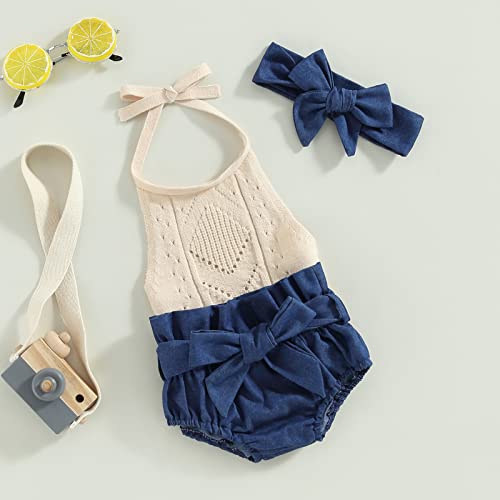 BULINGNA Baby Girl Summer Outfit Sleeveless Halter Neck Knitted Romper + Denim Shorts + Bow Headband Newborn Infant Clothes3