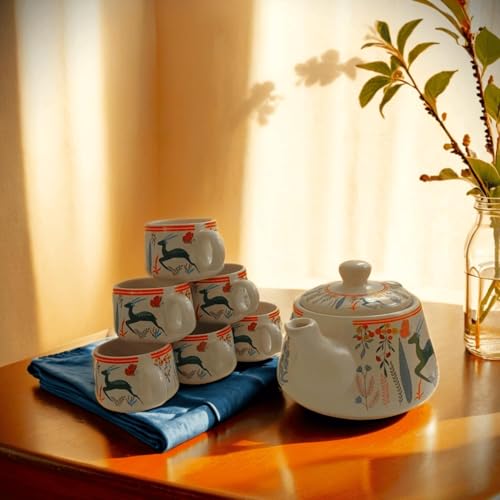 Image of Dmrd Mart-Handcrafted Ceramic Stag 7Pc Tea Cup Set with Kettle Safe 6 Cups 1 Kettle | Tea Pot Set 1000Ml Ceramic Porcelain Cup Set of 6 Perfect for Serving Coffee Green Tea. (Dear Print Green)